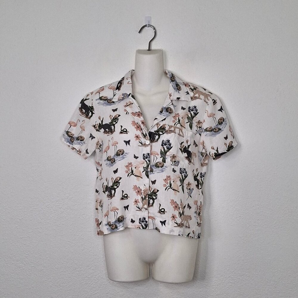 Reformation 100% Linen Janeiro Holiday Shirt Sz S Crop Novelty Print Safari